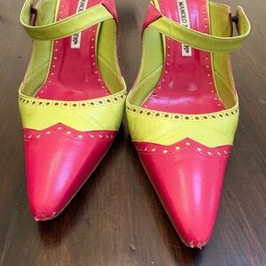 Manolo Blahnik Vibrant Pink and Yellow Heels